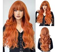 OUFEI Long Wavy Orange Wigs With Bangs for Women Natural Synthetic Hair Heat Resistant Wigs for Daily Party Cosplay Wear-28 Inches