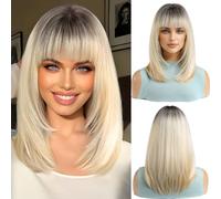 OUFEI Ombre Blonde Bob Wig With Bangs Short Straight Wig For Women Synthetic Hair Wigs for Daily Party Cosplay Wear