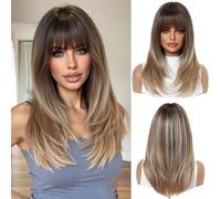 OUFEI Ombre mixed Brown Wigs for Women Oversized Scalp Medium Length Long Straight Wig with Bangs Synthetic Hair Heat Resistant Wigs for Everyday Party Cosplay Wear