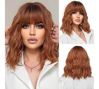 OUFEI Short Wave Auburn Bob Wigs With Bangs Shoulder Length Wig Curly Wavy Synthetic Cosplay Wigs for Women-14 Inches