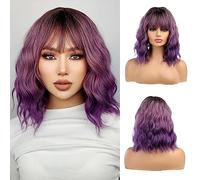 OUFEI Short Wave Ombre Purple Bob Wigs With Bangs Shoulder Length Wig Curly Wavy Synthetic Cosplay Wigs for Women-14 Inches