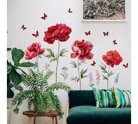 OUFEI Wall Art Stickers Decor Floral Wallpaper Peel and Stick Big Red Peony Flowers Wall Decals for Living Room Girls Bedroom Baby Kids Nursery Wall Decoration