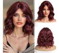 OUFEI Wine Red Wigs for Women Short Wavy Wig With Bangs Natural Synthetic Hair Heat Resistant Wigs for Daily Party Cosplay Wear