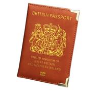 OUFEIJIA EUR British Copper Foot Passport Holder Leather Simple Thin Metal Travel Document Compact Design(Brown)