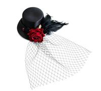 OUFEIJIA EUR Gothic Punk Red Rose Feather Mesh Fascinator Hair Clip, Steampunk Retro Lace Headpiece for Comic Con, Performance, Runway