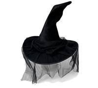 OUFEIJIA EUR Halloween Black Mesh Witch Hat with Bow, Face Covering Veil Cone with Curved Angles, Retro Forest Costume Prop