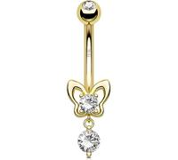 OUFER 14G 9ct Solid Gold Dangle Belly Bar Butterfly Dangly Belly Button Bars AAA+ CZ Navel Ring Piercing Barbell Body Jewellery Women Gift