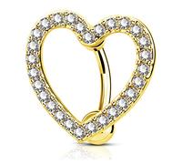 OUFER 14G Reverse Belly Bars Gold Heart Belly Button Bar Piercings 316L Surgical Steel Clear CZ Navel Rings Barbell Body Jewellery for Women Men