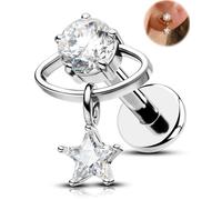 OUFER 14G Star Moon Planet Silver Gold Dangle Belly Button Rings 316L Surgical Stainless Steel CZ Belly Piercing Jewelry 10mm Navel Rings for Women, 16G 6MM, Metal, cubic zirconia