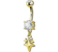 OUFER 14G Star Silver Gold Dangle Belly Button Ring 316L Surgical Stainless Steel CZ 10mm Bar Length Navel Piercing Jewelry for Women, 14G 10MM, Metal, cubic zirconia