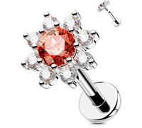 OUFER 16G Flower Helix Stud Internally Threaded Flat Back Earring Stainless Steel 316L Conch Jewellery Red CZ 6 mm Cartilage Earring Tragus Piercing Lip Stud