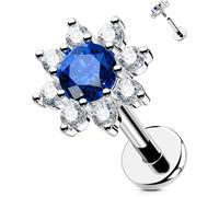 OUFER 16G Flower Helix Stud Internally Threaded Flat Back Earring Stainless Steel 316L Conch Jewellery Blue CZ 6 mm Cartilage Earring Tragus Piercing Lip Stud
