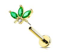 OUFER 16G Gold Flower Helix Earring Threadless Push in Tragus Piercing Stainless Steel 316L Green Marquise CZ Cartilage Piercing Jewellery 6 mm Lip Stud for Women