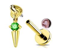 OUFER 16G Internally Threaded Helix Earring, 316L Surgical Steel Tragus Piercing Jewelry, Gold Labret Stud Lip Piercing with Emerald CZ Pendant, Round Gem for Women 6mm