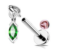 OUFER 16G Internally Threaded Helix Earring, 316L Surgical Steel Tragus Piercing Jewelry, Steel Labret Stud Lip Piercing with Emerald CZ Pendant, Marquise Gem for Women 6mm