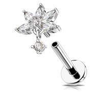 OUFER 16G Lotus Helix Earring, Internal Thread Tragus Piercing Jewelry Surgical Steel 316L 1.2mm With 5 Marquise CZ Dangling Round CZ Silver Conch Lip Stud Ring for Women 8 mm