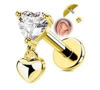 OUFER 16g Silver Gold Flat Back Earrings Heart Dangle Helix Tragus Conch Earrings Internally Threaded Nose Stud 6mm Lip Piercing Jewelry for Women on Party or Gift for Her, 16G 6MM, Metal, cubic