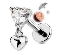 OUFER 16g Silver Gold Flat Back Earrings Heart Dangle Helix Tragus Conch Earrings Internally Threaded Nose Stud 6mm Lip Piercing Jewelry for Women on Party or Gift for Her, 16G 6MM, Metal, cubic
