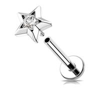 OUFER 16G Star Internally Threaded Helix Earring, 316L Stainless Steel Helix Stud Labret with Clear Round CZ, 8 mm Cute Lip Piercing Jewellery for Women