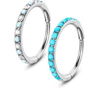 OUFER 20G 2PCS Nose Rings Hoop 316L Surgical Steel, Hinged Segment Earrings, Transparent and Blue Opal Nose Piercing, Helix Daith Rook Conch Rings Jewellery for Women 8 mm