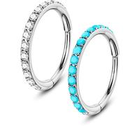OUFER 20G 2PCS Nose Rings Hoop 316L Surgical Steel, Hinged Segment Earrings, Transparent CZ and Blue Opal Nose Piercing, Helix Daith Rook Conch Rings Jewellery for Women 8 mm