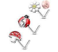 OUFER 20G 3PCS L-Shaped Nose Studs, 316L Surgical Steel Nose Piercing Jewellery with CZ Flower Ladybug Mushroom, 7 mm Cute Silver Nostril Rings Set for Summer Women