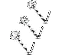 OUFER 20G 3PCS Nose Piercing Titanium G23 L-Shaped Nostril Piercing Nose Stud Clear CZ 6 mm Nose Screw Star Heart Nose Piercing Jewelry Nose Ring for Women