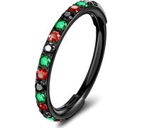 OUFER 20G Black Nose Ring Hoop, 316L Surgical Steel Hinged Segment Ring, Green Red CZ Helix Piercing Jewelry, Lip Cartilage Tragus Rook Daith Conch Earring for Women 7 mm