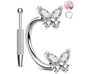OUFER 20G Butterfly Threadless Push in Horseshoe Nose Ring Set, 316L Surgical Steel Piercing Taper Ball Grabber Tool, 7 mm CZ Nose Septum Daith Lip Rook Helix Body Jewellery