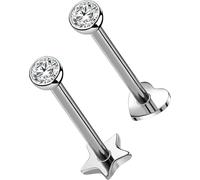 OUFER 2Pcs 16G G23 Titanium Threadless Stud Earrings Flat Back Star Heart Shape Tiny CZ Small Helix Cartilage Tragus Conch Lobe Labret Medusa Piercing Jewelry for Women Men, 2pcs, heart, 16g 12mm, 3mm
