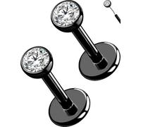 OUFER 2Pcs 20G/18G/16G G23 Titanium Threadless Nose Stud Earrings Flat Back Tiny CZ Small Nose Helix Cartilage Tragus Conch Labret Medusa Monroe Piercing Jewelry for Women Men, 2pcs, 18g 12mm, 4mm cz