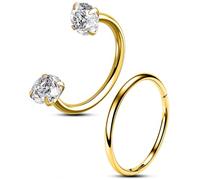OUFER 2pcs 20G Gold Nose Rings Set, Internally Threaded Horseshoe Nose Ring 316L Surgical Steel with CZ Stones, Higned Segment Clicker Helix Daith Rook Lip Piercing Jewelry for Women 7mm