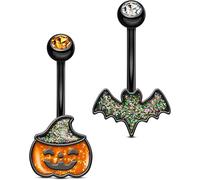 OUFER 2PCS Halloween Belly Button Rings, Pumpkin Bat Stainless Surgical Steel Belly Button Piercing Jewelry for Women Men, Orange Navel Piercing Jewelry, 14G Black Curved Barbells-10mm