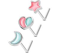 OUFER 3PCS 20G Halloween Nose Studs - L-Shaped 7MM Surgical Steel Piercing Jewelry with Spider, Bat, Ghost & Christmas Santa, Tree & Gift Christmas, Moon & Star Themes, 20G 7MM, Metal, no gemstone