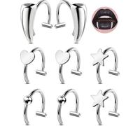 OUFER 8PCS Fake Lip Ring, 316L Surgical Steel Fake Lip Piercing Vampire Teeth Ring Kit, Adjustable Lip Ear Nose Non-Piercing kit Fake Nose Piercing Jewelry For Women Men