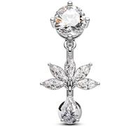 OUFER Belly Button Bars 14G Reverse Silver Lotus Navel Ring 316L Surgical Steel Navel Piercing Jewelry 10mm Clear CZ Dangly Belly Button Piercing Jewellery for Women