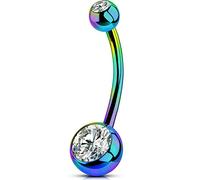 OUFER Body Piercing 14G 14MM Solid Titanium Belly Bar with CZ Stones, Extra Long Navel Piercing Barbell Rings, Unisex, 0.02kg
