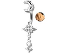 OUFER Body Piercing 14G Moon Star Dangle Belly Button Ring, 316L Stainless Steel 10mm Navel Piercing Bar Clear CZ Hypoallergenic for Women Fresh Healed Piercings