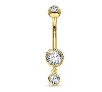 OUFER Body Piercing Belly Button Bars 14G Navel Bar 14K Solid Gold Double Round Clear CZ Belly Bars Navel Piercing Jewellery