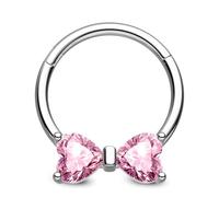 OUFER Bow Septum Piercing Jewellery 16G Daith Ring Pink Heart CZ Helix Hoop 8mm Silver Cartilage Earrings Ring 316l Surgical Steel Tragus Clicker for Women