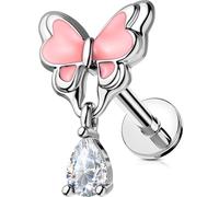 OUFER Dangle Butterfly Cartilage Earrings Studs, Silver 16G Helix Earrings Flat Back Internally Threaded Helix Cartilage Tragus Piercing Jewelry for Women Men-6MM, 16G 6MM, Metal, Cubic Zirconia