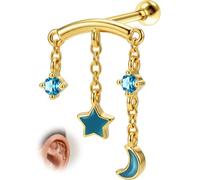OUFER Dangly Forward Helix Piercing Jewellery 16G Gold Cartilage Earring Star Chain Tragus Conch Stud 6mm 316L Stainless Steel Green CZ Hidden Helix Jewelry for Women