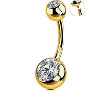 OUFER G23 Solid Titanium Belly Bar Balls Gold Belly Button Bar 14G Internally Threaded 10 12 14 16mm Extra Long Navel Piercings Barbell Double Clear CZ Gem 1.6mm No Dangle Belly Ring Jewellery Gift