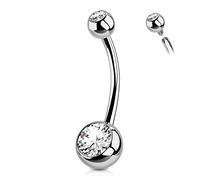 OUFER G23 Solid Titanium Belly Bars Balls 14G Internally Threaded 14 mm Long Navel Piercings Barbell Rings Double Clear CZ Gem 1.6mm No Dangle Belly Button Jewellery