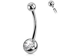 OUFER G23 Solid Titanium Belly Button Bars Balls 14G Internally Threaded 16 mm Extra Long Navel Piercings Barbell Rings Double Clear CZ Gem 1.6mm No Dangle Belly Jewellery Women Men