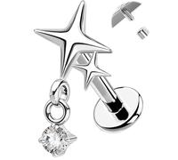 OUFER G23 Titanium Flat Back Helix Earrings, 16g Internally Threaded Nose Stud, Star Dangle Tragus Conch Lip Cartilage Piercing Jewelry for Women, 16G 6MM, Metal, cubic zirconia