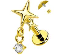 OUFER G23 Titanium Flat Back Helix Earrings, 16g Internally Threaded Nose Stud, Star Dangle Tragus Conch Lip Cartilage Piercing Jewelry for Women, 16G 6MM, Metal, cubic zirconia