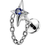 OUFER G23 Titanium Threadless Flat Back Stud with Chain, Blue CZ Star Cartilage Earring, 18G Helix Tragus Conch Dangle Piercing Jewelry for Sensitive Ears, 18g 6mm, Titanium Metal, Cubic Zirconia