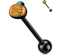 OUFER Halloween Tongue Rings - 316L Surgical Steel Piercing Jewelry, Black Pumpkin Tongues, 14G Internal Thread, 14G 16MM, Metal, cubic zirconia