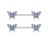 OUFER Nipple Bars 2PCS Nipple Piercing Rings 14G 316L Stainless Steel Nipplerings Barbells Bule Butterfly CZ Body Piercing Jewellery for Women Men Gifts